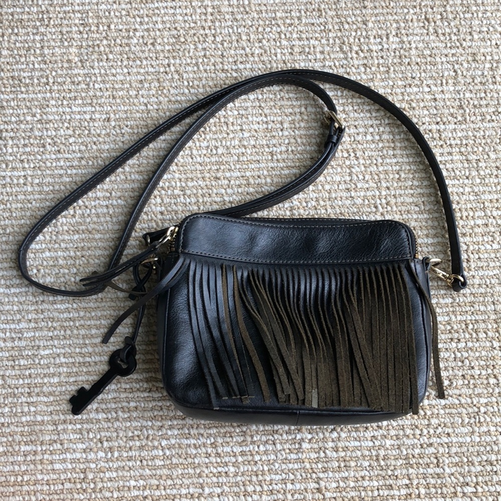 Fossil Crossbody Fringe Leather Purse Black